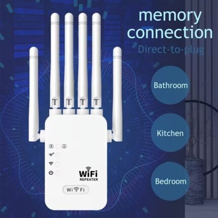 1200Mbps Dual‑Band WiFi Repeater, 6‑Antenna Signal Booster, 2.4GHz+5GHz Extender with LAN Ports
