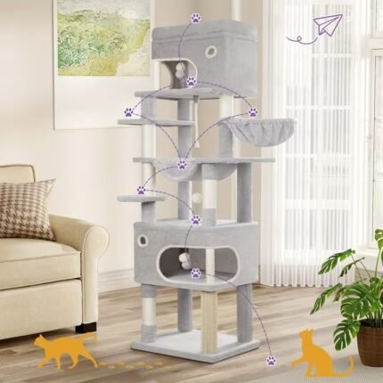 178cm Multi‑Level Cat Tree Tower, 2 Large Caves, 7 Sisal Scratching Posts, Hammock & Play Platforms (Light Grey)