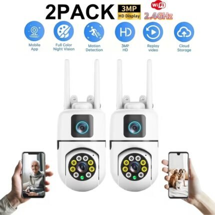 2-Pack Dual-Lens 1296P 3MP Smart Wi-Fi Security Cameras, 360° Pan-Tilt, Night Vision, Two-Way Audio