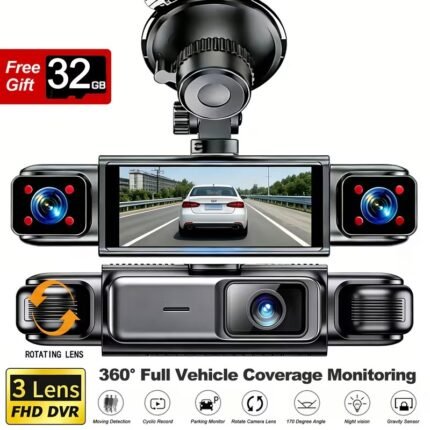 4‑Channel FHD Dash Cam, 1080P Front + 720P Interior & Rear 3‑Inch IPS Display, Night Vision, Loop Record, 24H Parking Monitor