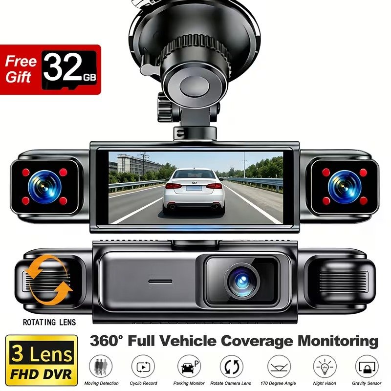 4‑Channel FHD Dash Cam, 1080P Front + 720P Interior & Rear 3‑Inch IPS Display, Night Vision, Loop Record, 24H Parking Monitor 4‑Channel FHD Dash Cam, 1080P Front + 720P Interior & Rear 3‑Inch IPS Display, Night Vision, Loop Record, 24H Parking Monitor