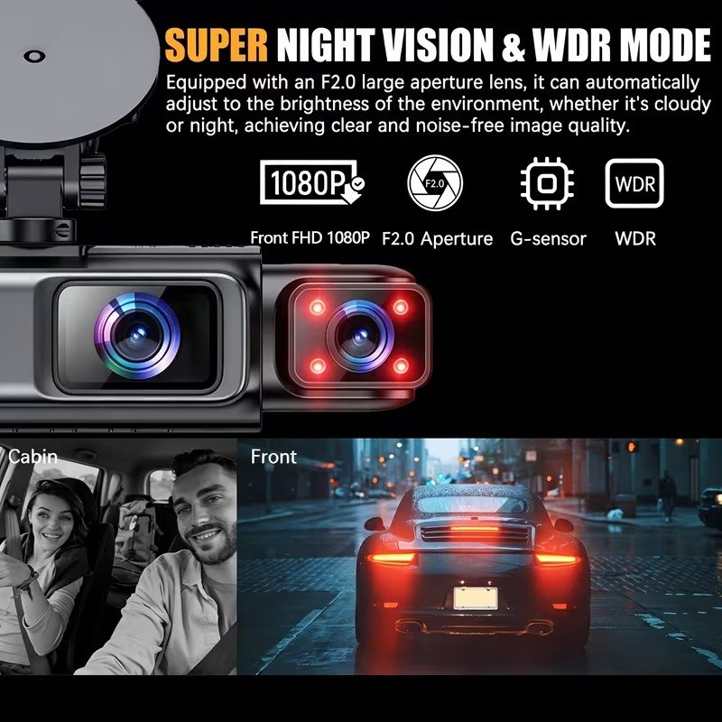 4‑Channel FHD Dash Cam, 1080P Front + 720P Interior & Rear 3‑Inch IPS Display, Night Vision, Loop Record, 24H Parking Monitor1