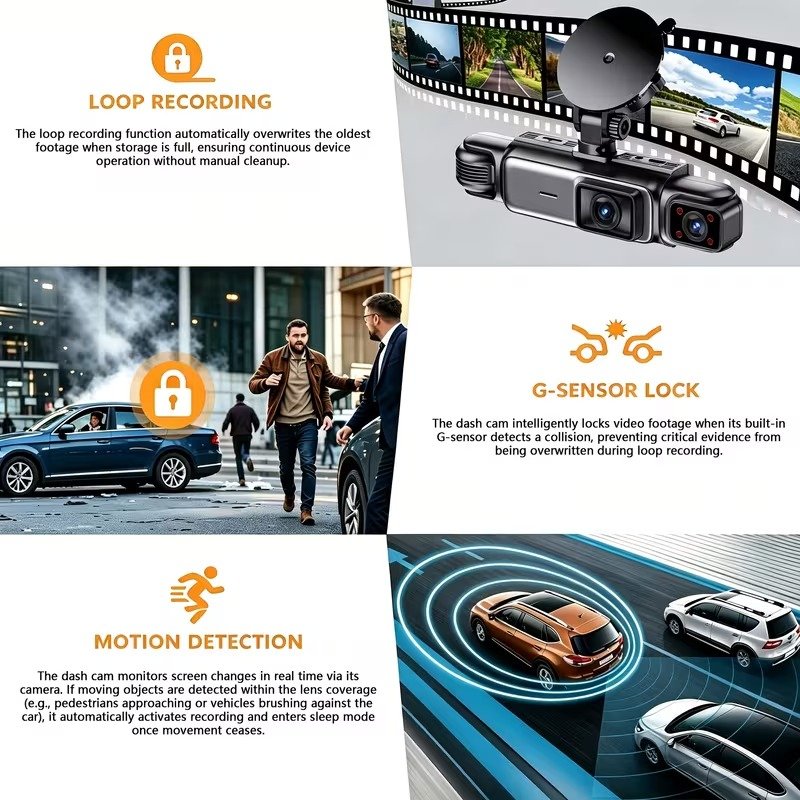 4‑Channel FHD Dash Cam, 1080P Front + 720P Interior & Rear 3‑Inch IPS Display, Night Vision, Loop Record, 24H Parking Monitor2