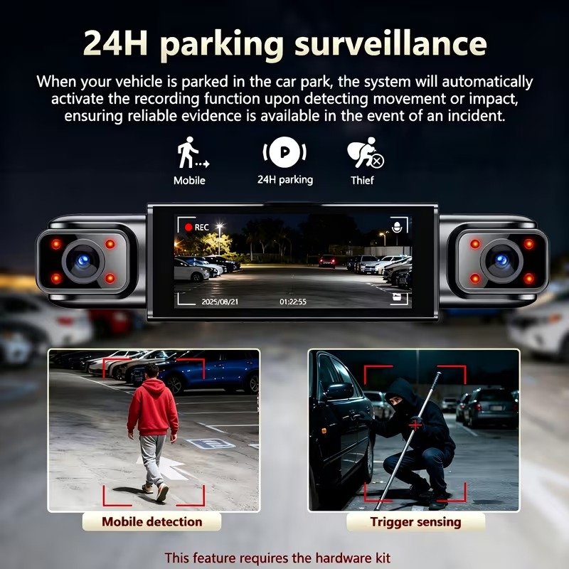 4‑Channel FHD Dash Cam, 1080P Front + 720P Interior & Rear 3‑Inch IPS Display, Night Vision, Loop Record, 24H Parking Monitor3