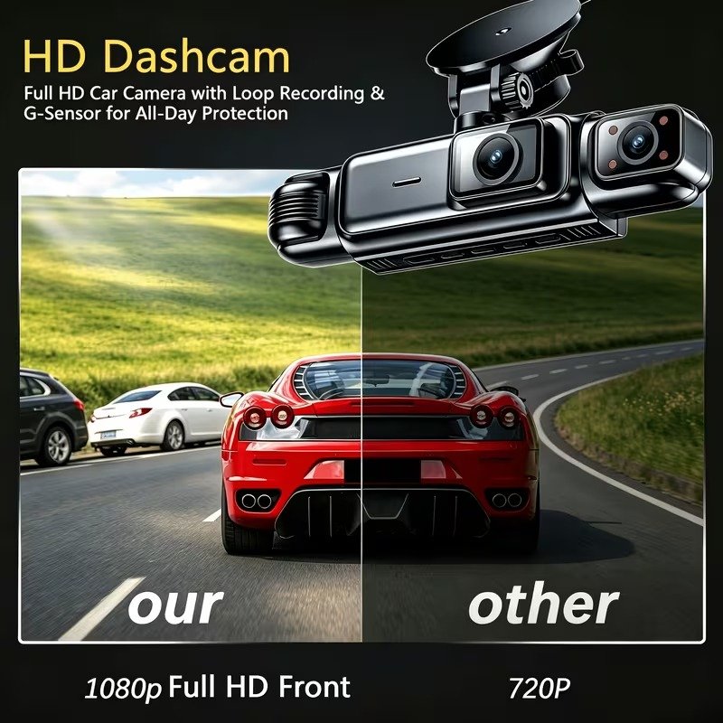 4‑Channel FHD Dash Cam, 1080P Front + 720P Interior & Rear 3‑Inch IPS Display, Night Vision, Loop Record, 24H Parking Monitor6