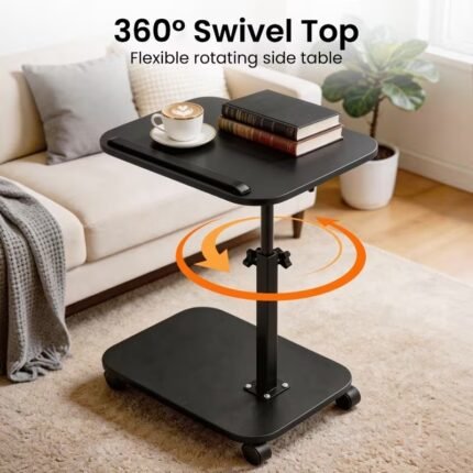 Adjustable Height Side Table, 360° Rotating Laptop Stand with Wheels, C-Shaped Bed/Sofa Table