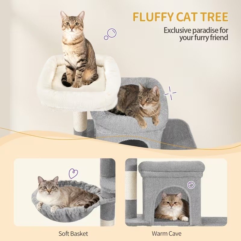 Premium Multi-Level Cat Light Grey Tree, Double Caves & Platforms
