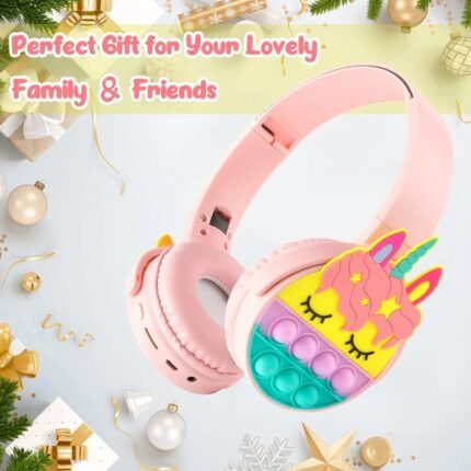 Rainbow Unicorn Pop‑It Fidget Wireless Headphones, Stereo Bluetooth Over‑Ear Headset with Built‑in Mic
