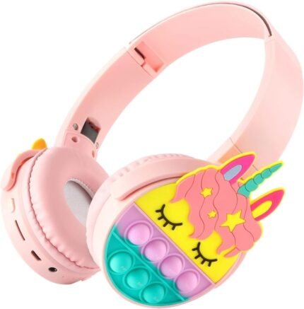 Rainbow Unicorn Pop‑It Fidget Wireless Headphones, Stereo Bluetooth Over‑Ear Headset with Built‑in Mic