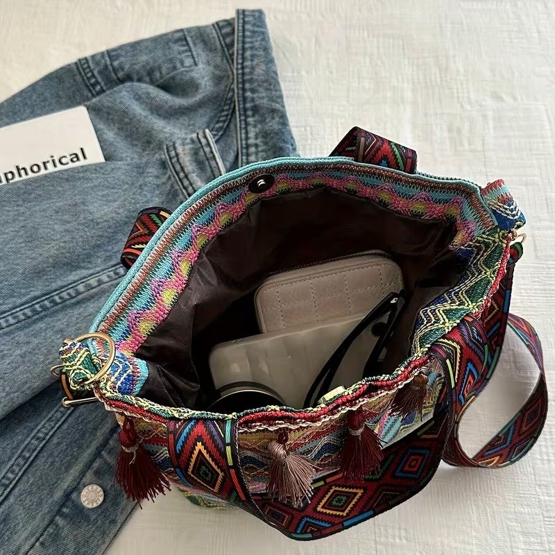 Boho Chic Woven Fringe Bucket Bag (2) Boho Chic Woven Fringe Bucket Bag