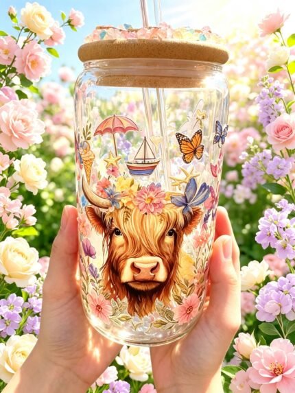 Beautiful handmade 16oz clear glass tumbler featuring a charming Highland Cow wearing a delicate flower crown, surrounded by vibrant butterflies and soft pink & purple wildflowers. Every detail is personally crafted with love — this exact design exists only ONCE. Once sold, it cannot be repeated! 🎨 DETAILS ✅ 16oz Capacity — ideal for water, iced coffee, smoothies & more ✅ Premium clear glass body — healthy, reusable & built to last ✅ Hand-applied Highland Cow floral artwork — soft watercolour style with butterflies ✅ Natural bamboo lid — hand-decorated with sparkling pastel crystals & cute charms (ice cream, sailboat, starfish, butterfly, umbrella) ✅ Clear glass straw included ✅ Smooth glossy finish — easy to clean ✅ TRULY UNIQUE — no other tumbler will ever match this exact design 💖 Perfect for cow lovers, country cottage fans, or as an unforgettable gift! 📦 Carefully packed & shipped quickly Beautiful handmade 16oz clear glass tumbler featuring a charming Highland Cow wearing a delicate flower crown, surrounded by vibrant butterflies and soft pink & purple wildflowers. Every detail (1)