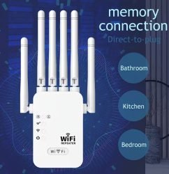 1200Mbps Dual‑Band WiFi Repeater, 6‑Antenna Signal Booster, 2.4GHz+5GHz Extender with LAN Ports