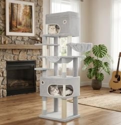 178cm Multi‑Level Cat Tree Tower, 2 Large Caves, 7 Sisal Scratching Posts, Hammock & Play Platforms (Light Grey)7